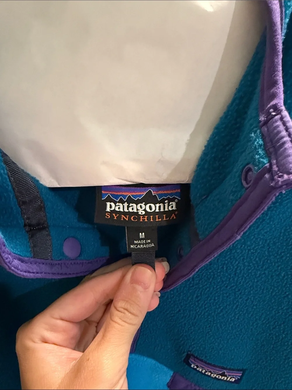Patagonia Men’s Two-Tone Teal and Light Blue Zip Fleece with Purple Trim